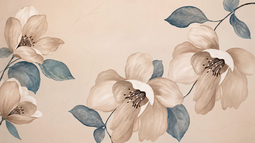 Watercolor wallpaper with large beige magnolia flowers and dusty blue-teal leaves on a warm beige background.