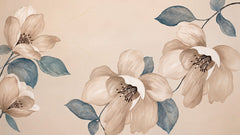 Watercolor wallpaper with large beige magnolia flowers and dusty blue-teal leaves on a warm beige background.