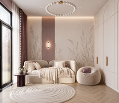 Cream pampas grass wallpaper in a teen room with round rug and bean bag.