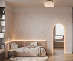 Cream pampas grass wallpaper in a kids room with daybed and arched doorway.