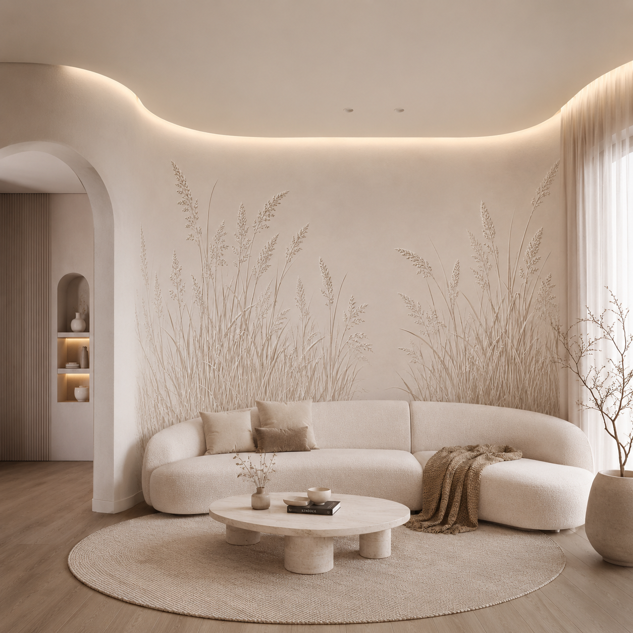Cream pampas grass wallpaper in a living room with curved sofa and cove lighting.