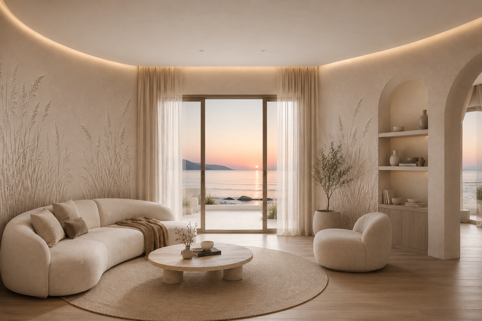 Cream pampas grass wallpaper in a seaside living room at sunset.