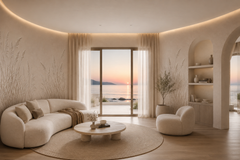 Cream pampas grass wallpaper in a seaside living room at sunset.