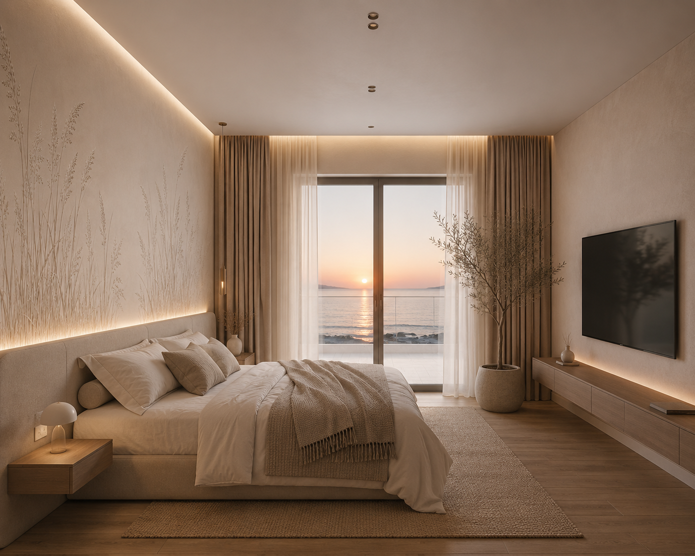 Cream pampas grass wallpaper in a bedroom with sea view.