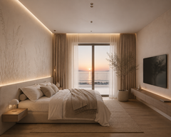Cream pampas grass wallpaper in a bedroom with sea view.