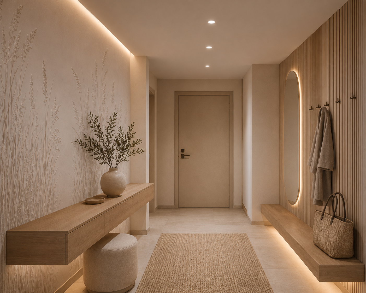 Cream pampas grass wallpaper in a warm minimalist hallway.
