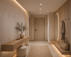 Cream pampas grass wallpaper in a warm minimalist hallway.