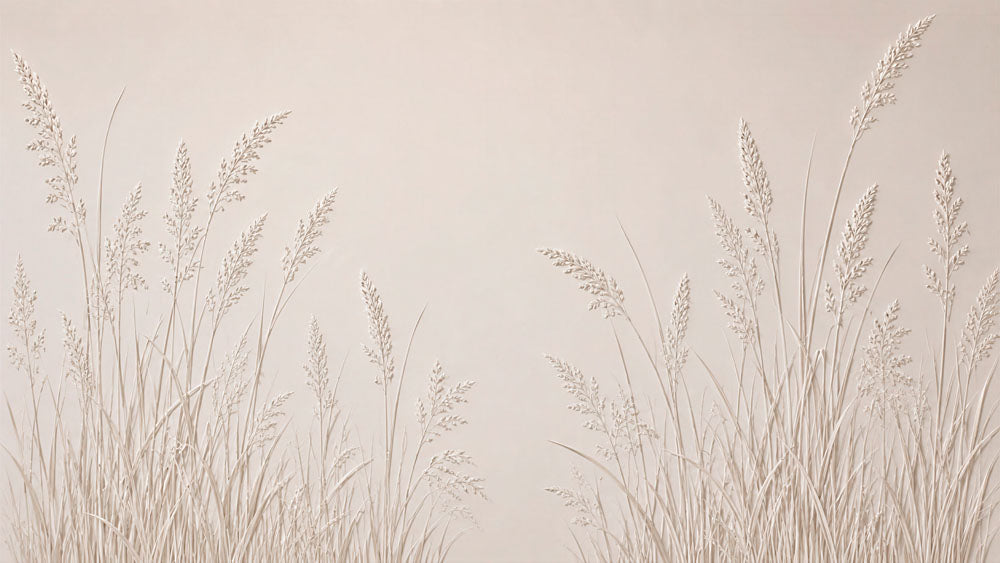 Cream wallpaper with 3D effect pampas grass and reeds at both sides and an open minimalist center.