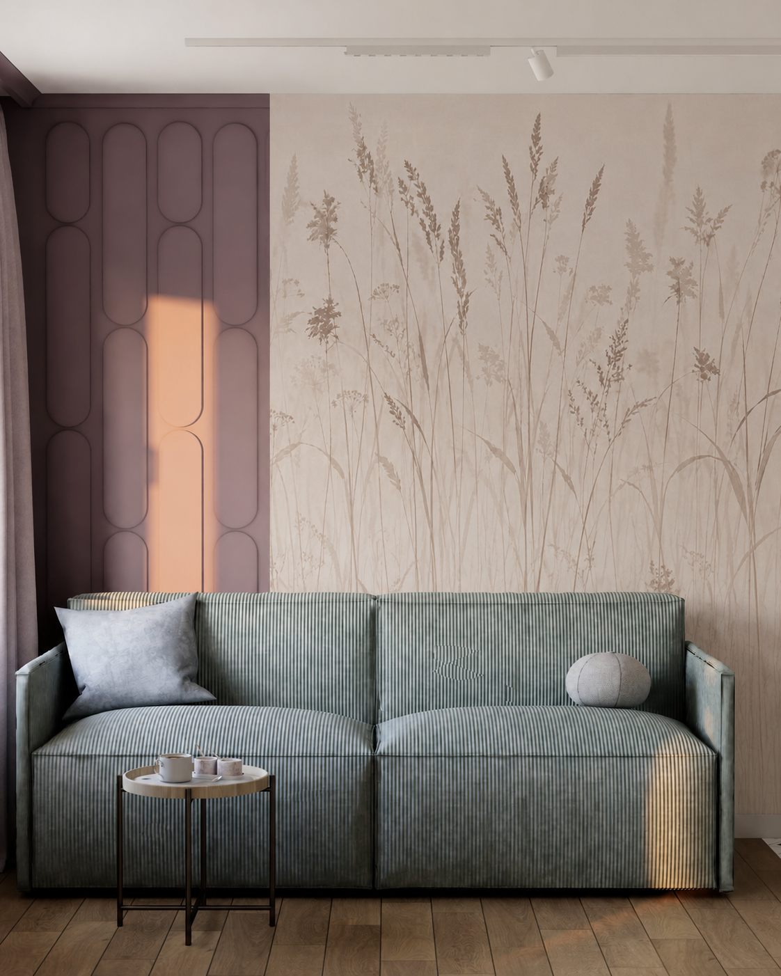 Beige meadow grass wallpaper behind a teal sofa in a modern living room.