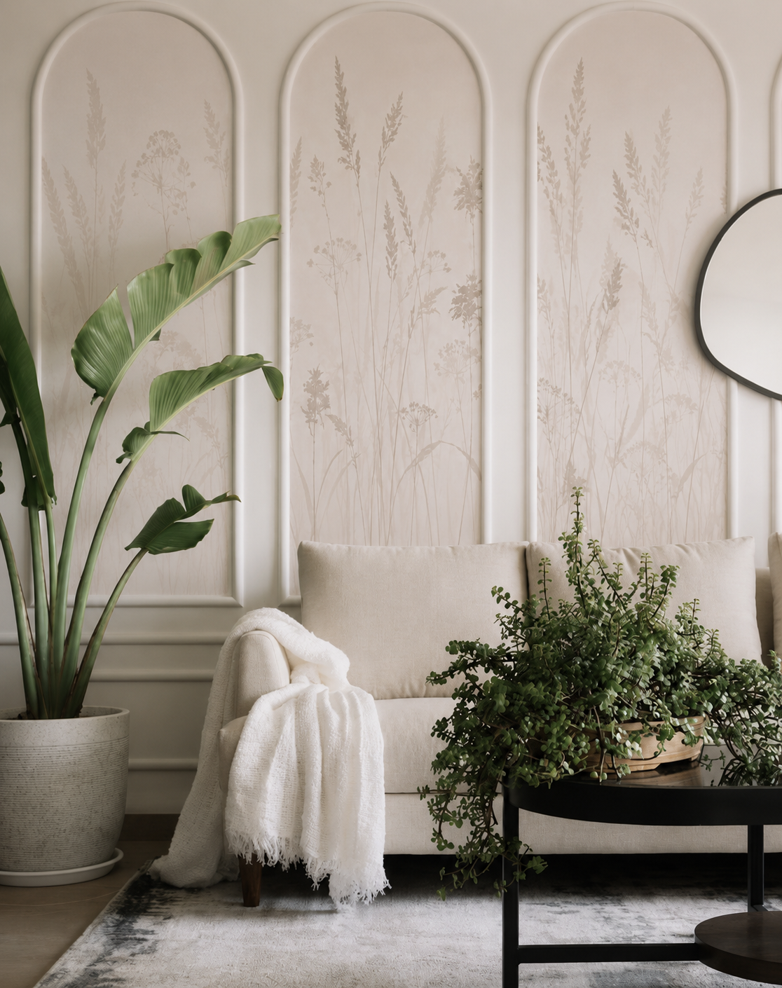 Beige meadow grass wallpaper within arched wall moldings in a living room.