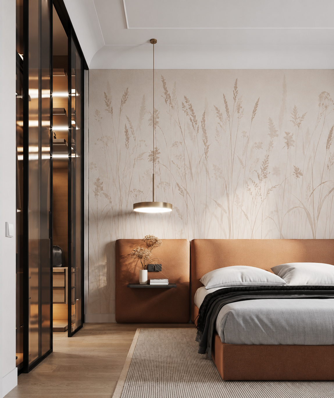 Beige meadow grass wallpaper behind a cognac headboard in a modern bedroom.