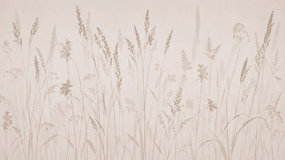 Beige tone on tone wallpaper with wild meadow grasses, reeds and wheat silhouettes.