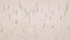 Beige tone on tone wallpaper with wild meadow grasses, reeds and wheat silhouettes.