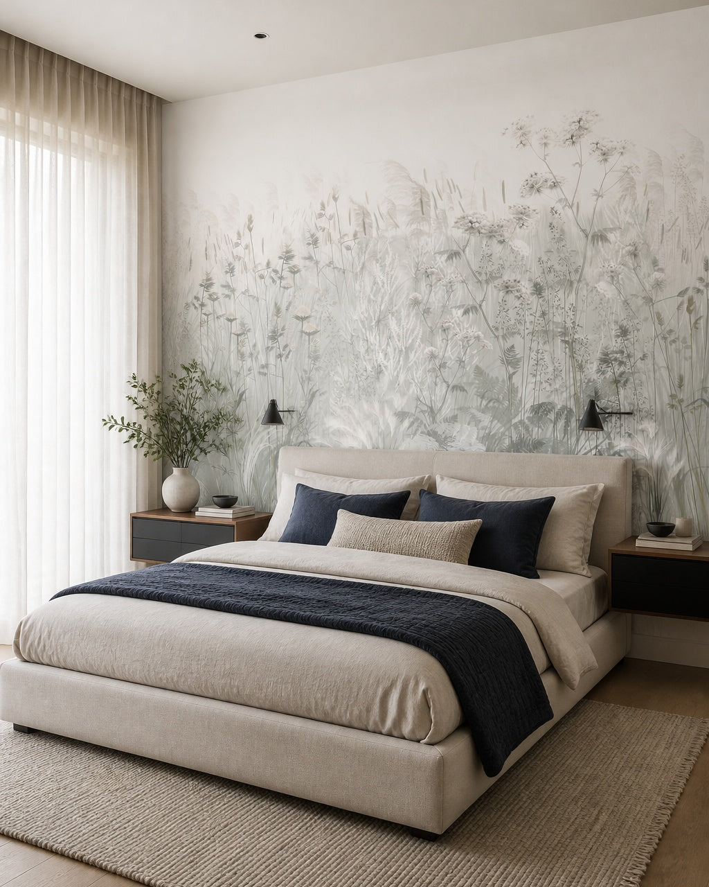 Grey wildflowers wallpaper in a designer bedroom.