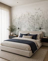 Grey wildflowers wallpaper in a designer bedroom.
