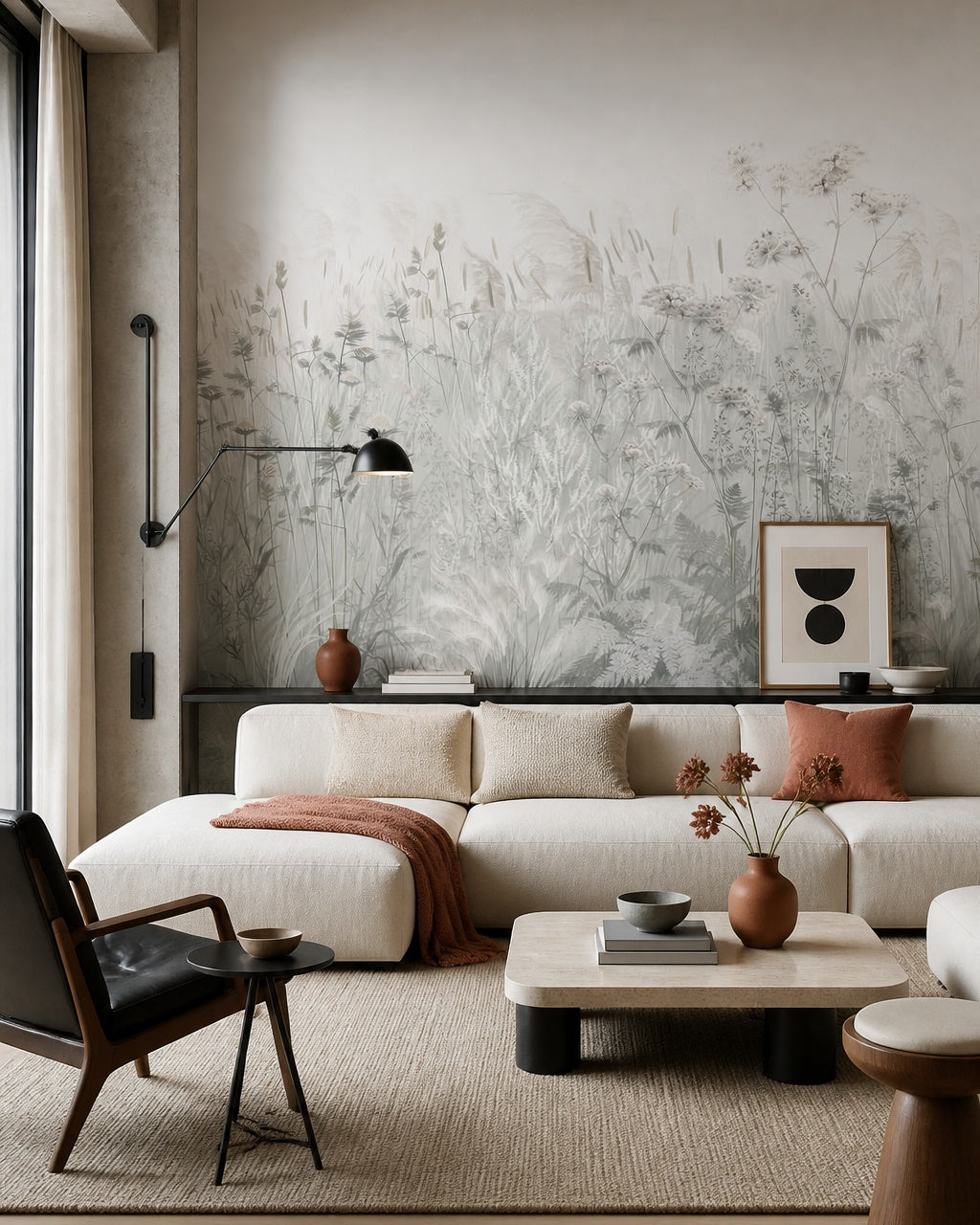 Grey wildflowers wallpaper in a designer living room.