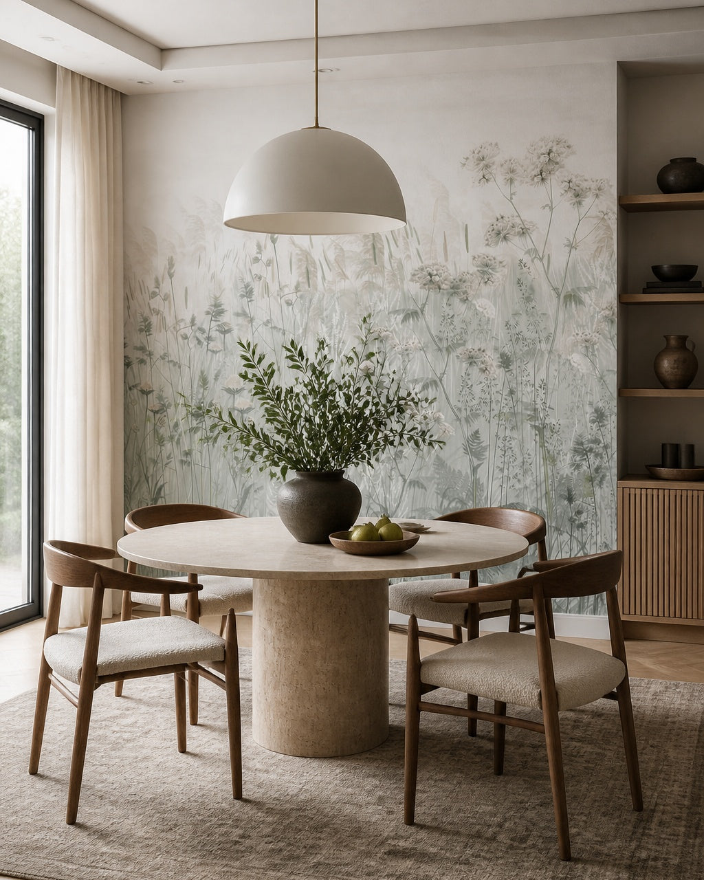 Grey wildflowers wallpaper in a refined dining area.