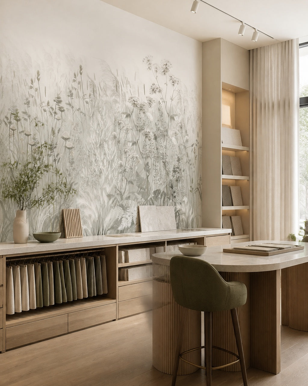 Grey wildflowers wallpaper in a design showroom.