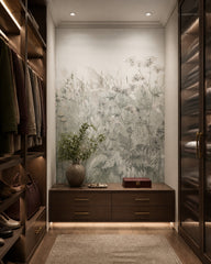 Grey wildflowers wallpaper in a walk-in wardrobe.