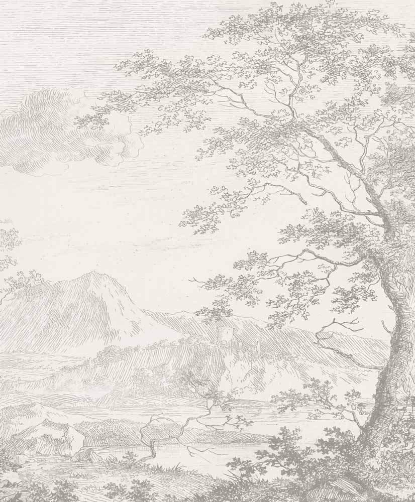 Tapete Grauer Stich mit Baum und Bergen – Vintage-Landschaft, Wandbild