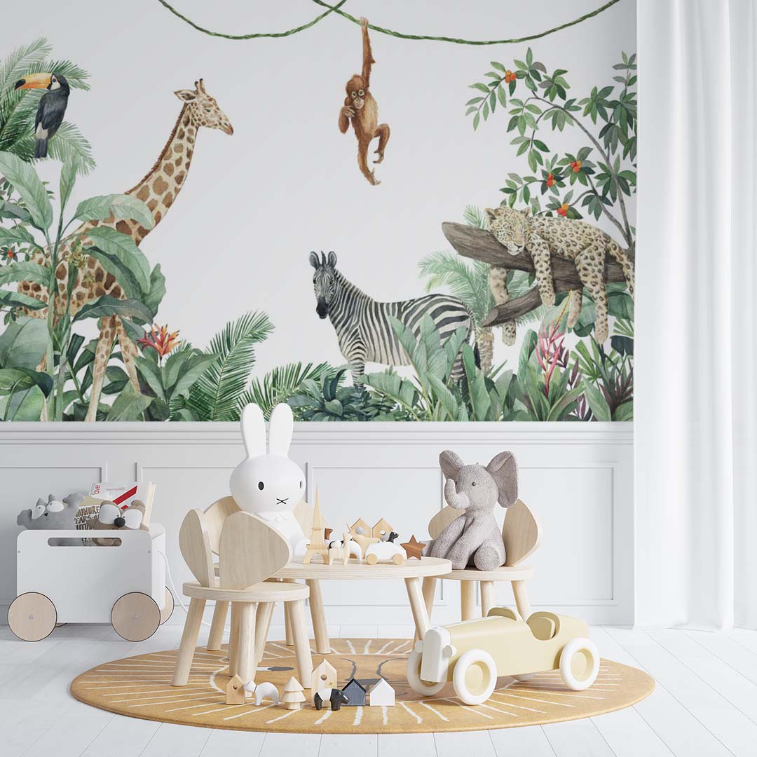 Custom Kids Wall Mural Safari Wildlife and Tropical Forest Wallpaper for Kids Room