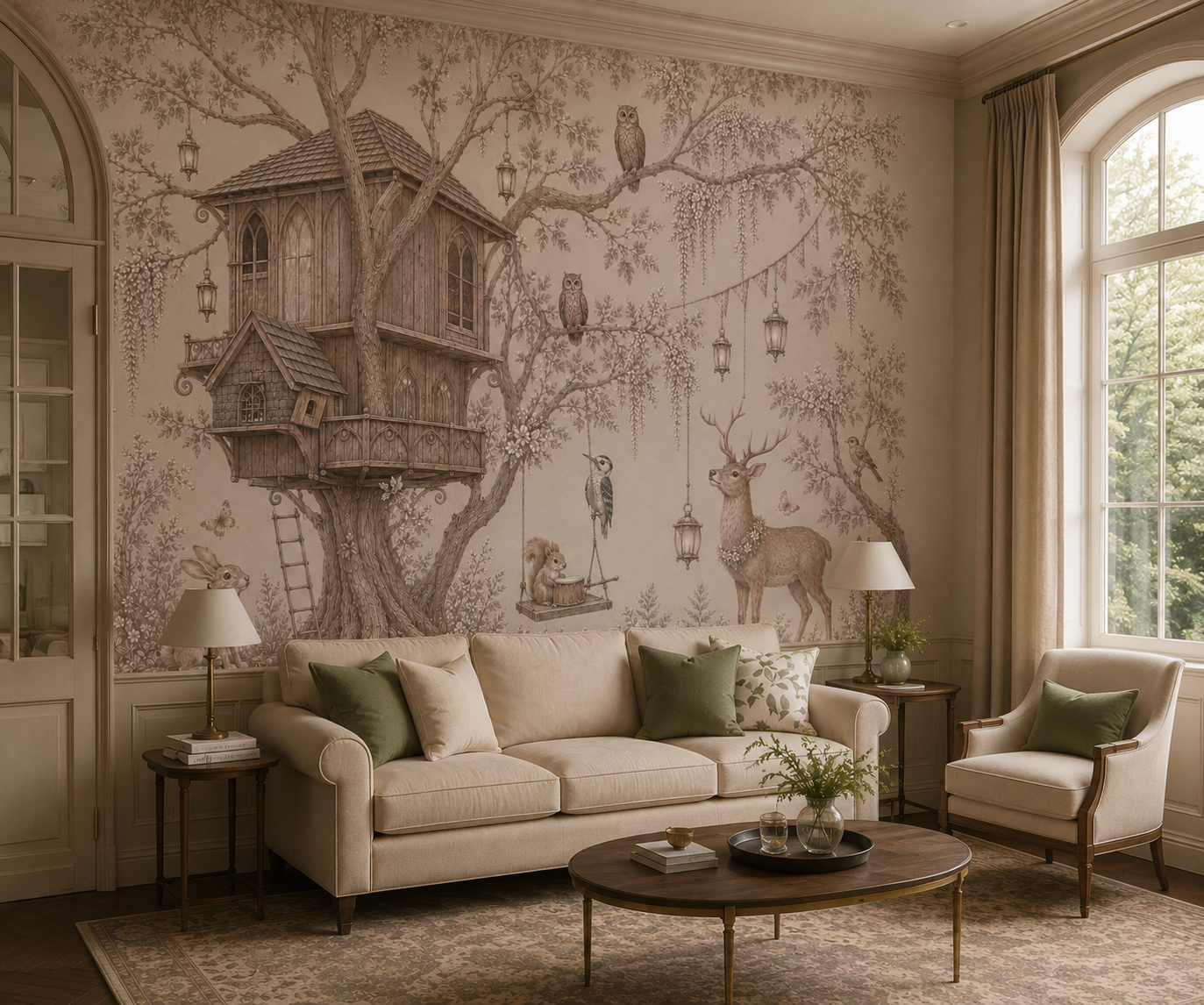 Storybook treehouse woodland wallpaper in a classic living room with arched windows.