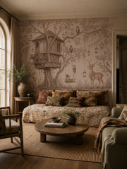 Storybook treehouse woodland wallpaper in a cozy living room with floral daybed.