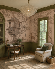 Storybook treehouse woodland wallpaper in a study with green trim and antique desk.