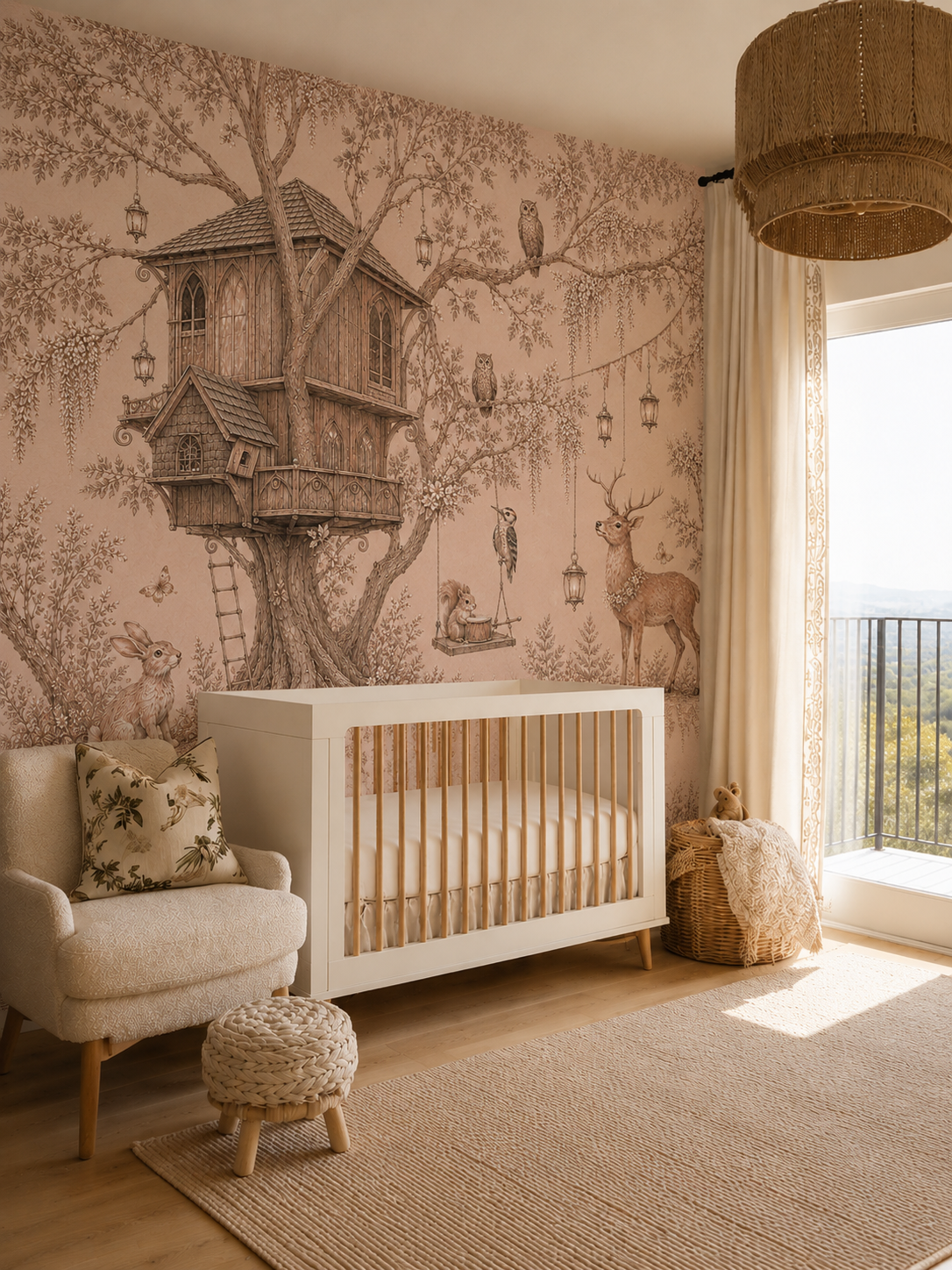 Storybook treehouse woodland wallpaper in a nursery with white crib and armchair.