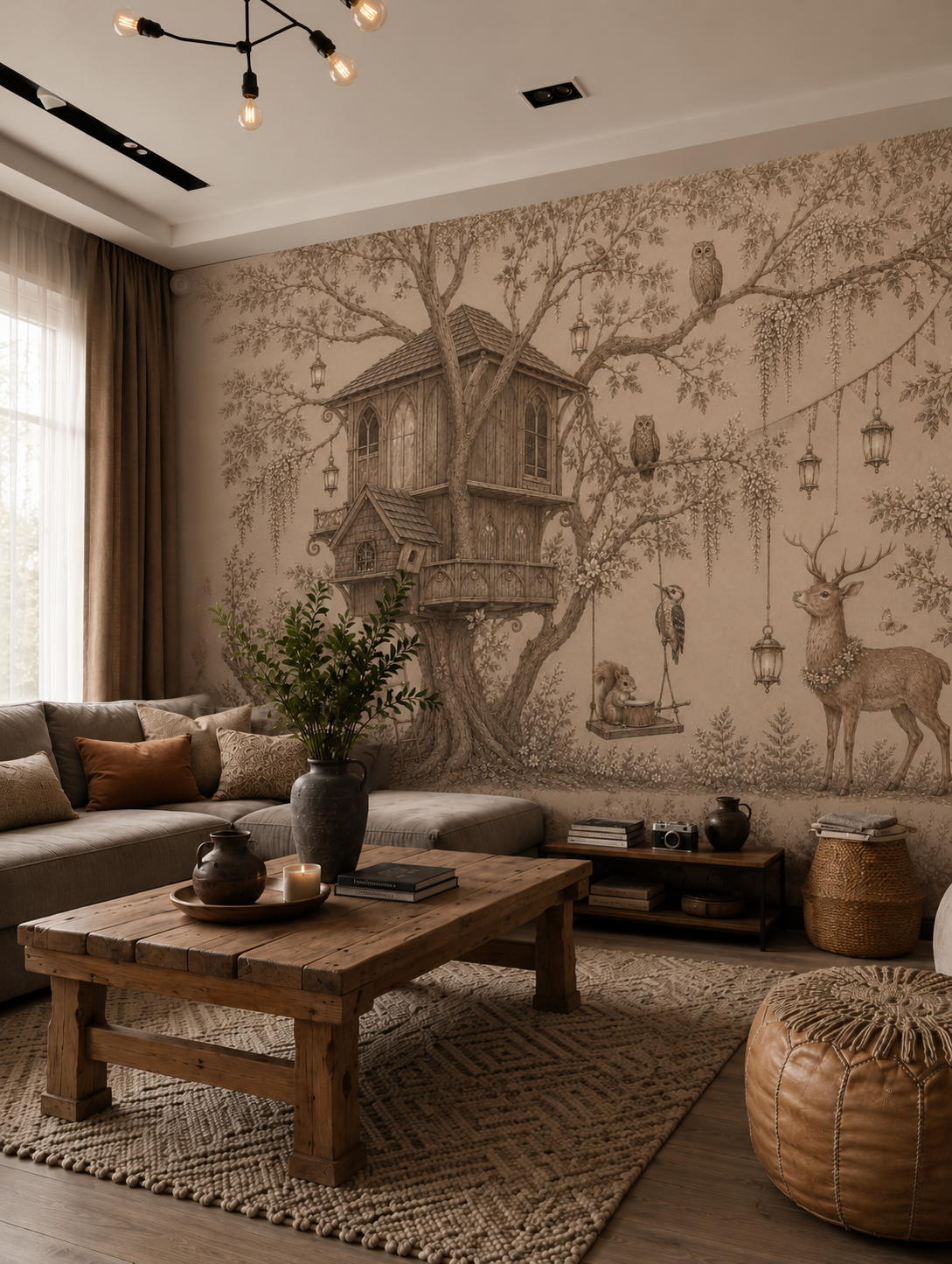 Storybook treehouse woodland wallpaper in a rustic living room with wooden coffee table.