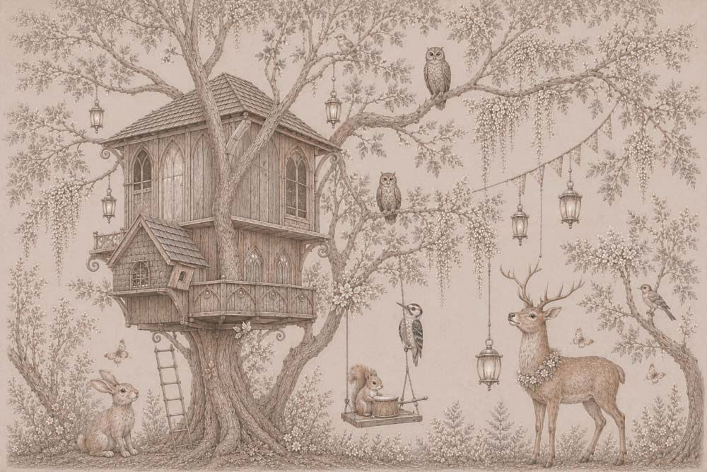 Sepia sketch wallpaper with a treehouse in a large tree, deer, owls, rabbit, squirrel on a swing and hanging lanterns.