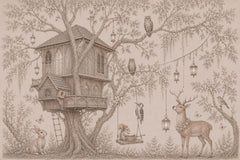 Sepia sketch wallpaper with a treehouse in a large tree, deer, owls, rabbit, squirrel on a swing and hanging lanterns.