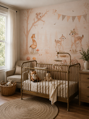 Woodland deer and fox wall mural displayed in a warm neutral nursery with a vintage crib
