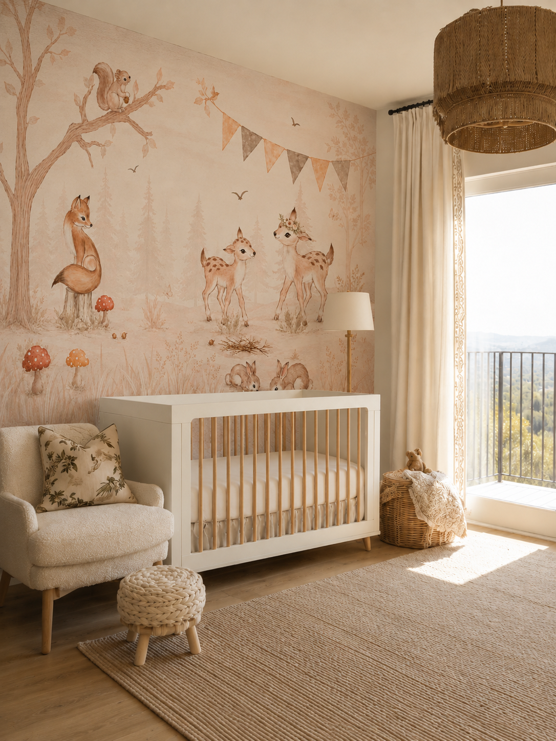 Watercolor woodland animal mural with deer, fox and rabbits in a cozy boho nursery