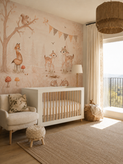 Watercolor woodland animal mural with deer, fox and rabbits in a cozy boho nursery