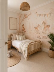 Woodland deer, fox and bunny wall mural in a neutral children’s bedroom