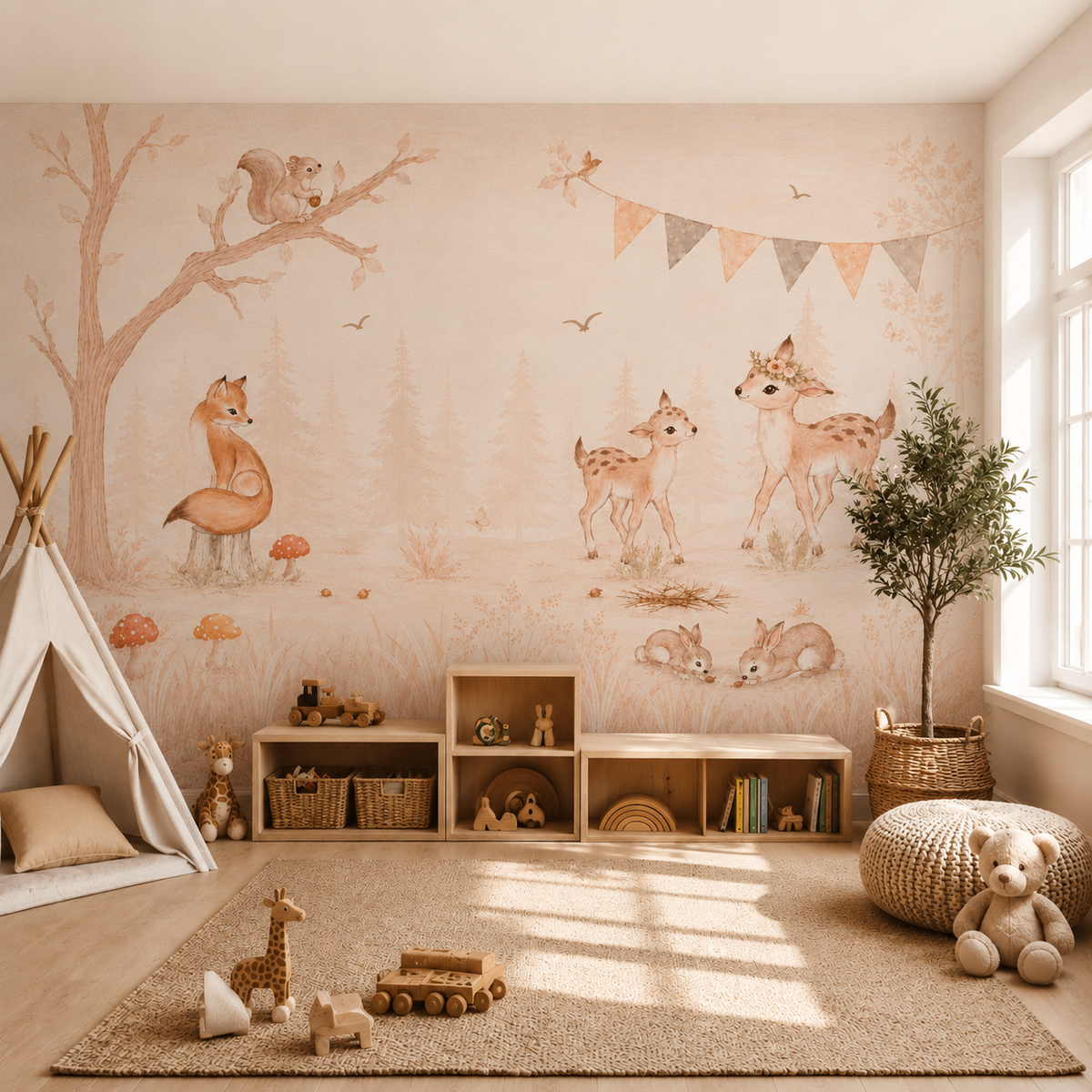 Watercolor woodland wall mural with deer, fox, rabbits, squirrel and forest bunting