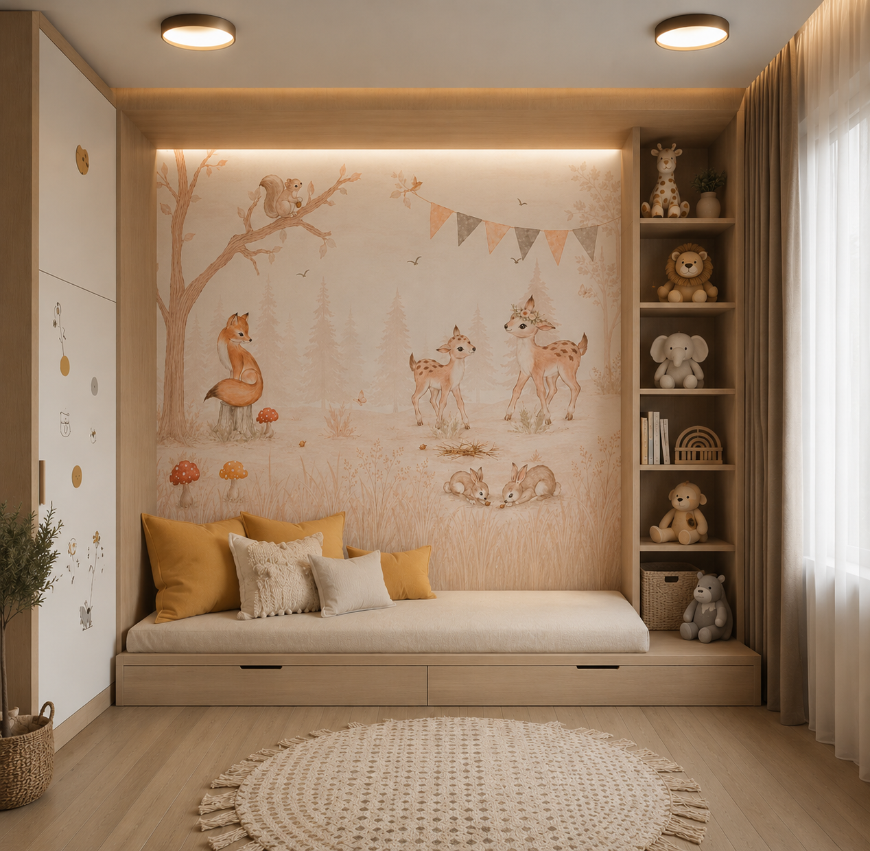 Woodland animal mural with deer and fox in a bright neutral children’s playroom