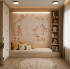 Woodland animal mural with deer and fox in a bright neutral children’s playroom