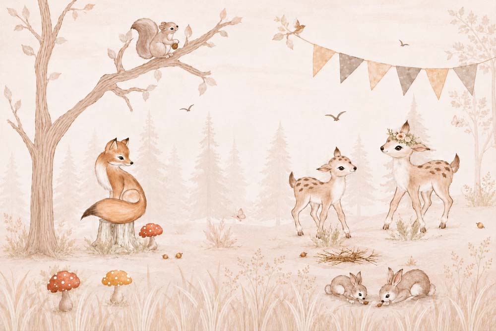 Watercolor woodland deer and fox mural above a built-in children’s daybed