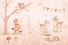 Watercolor woodland deer and fox mural above a built-in children’s daybed