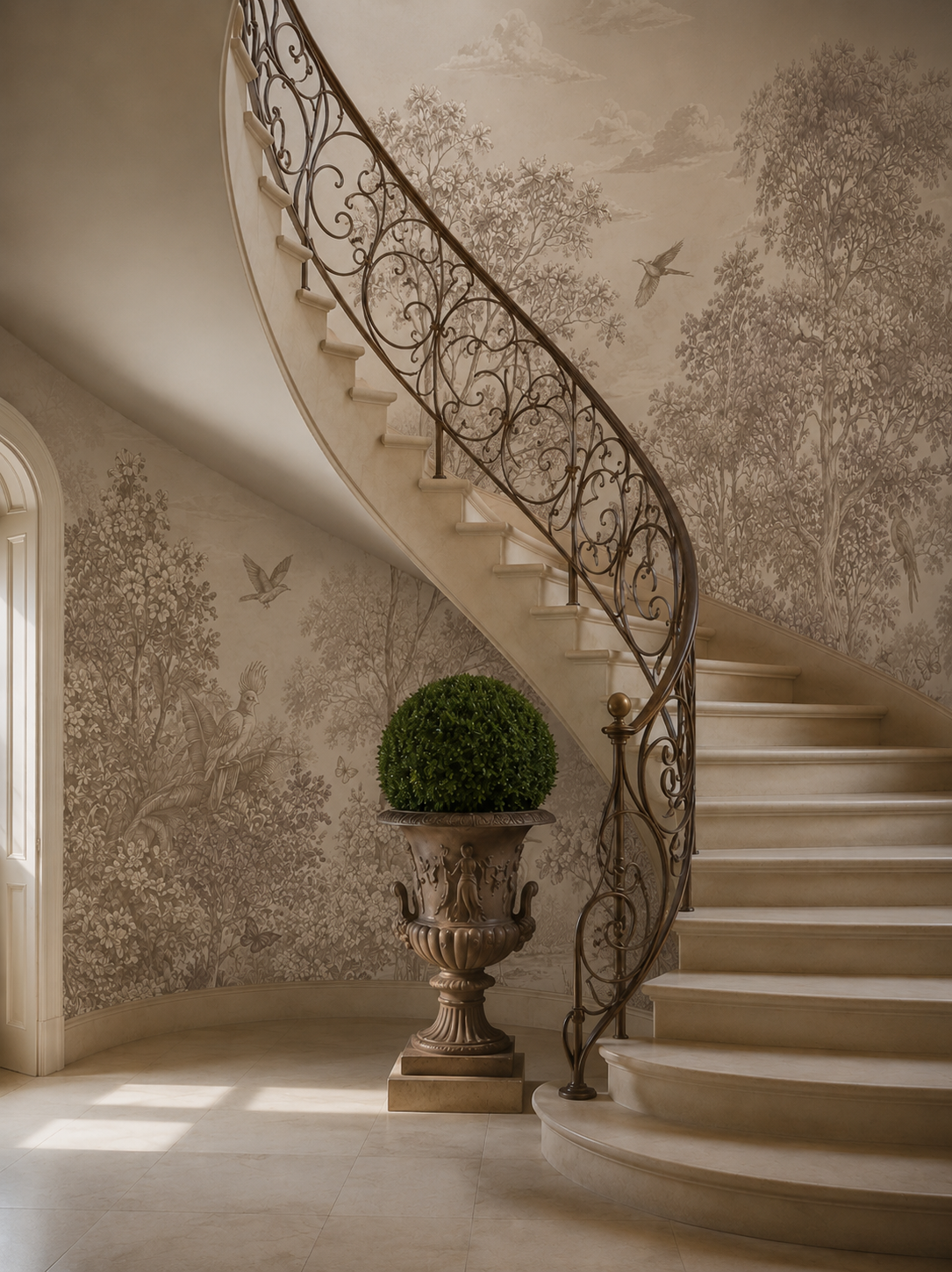 Vintage botanical wall mural with trees and birds installed around a classic fireplace in a traditional interior.
