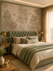 Beige toile forest wallpaper displayed behind a green upholstered bed in a warm elegant bedroom.
