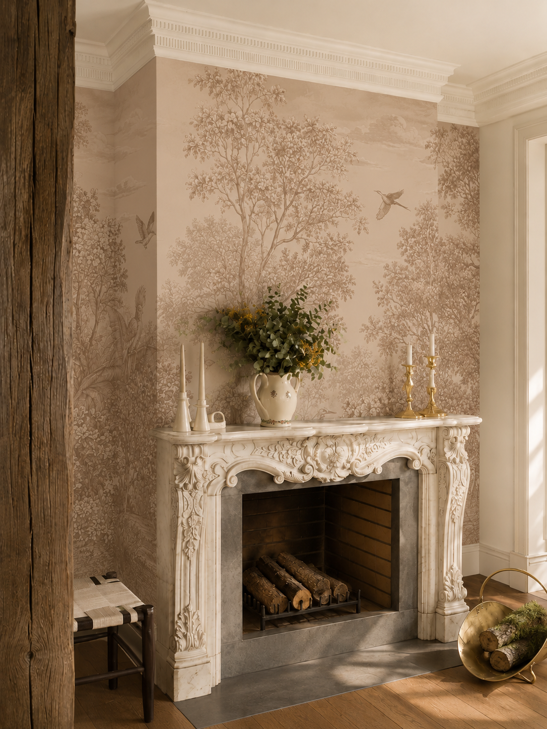 Sepia botanical wallpaper wrapping a refined home office with olive trim, dark wood desk and tall windows.