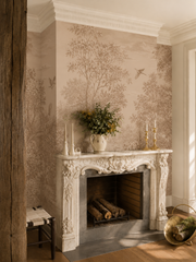 Sepia botanical wallpaper wrapping a refined home office with olive trim, dark wood desk and tall windows.