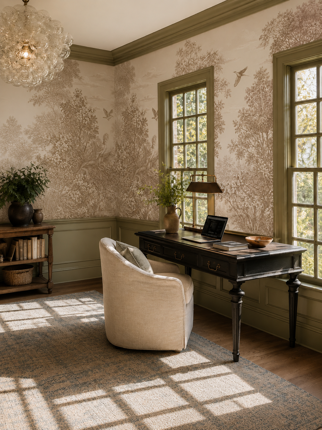 Neutral vintage forest mural with detailed foliage, birds and tropical plants behind a wooden bench in an entryway.