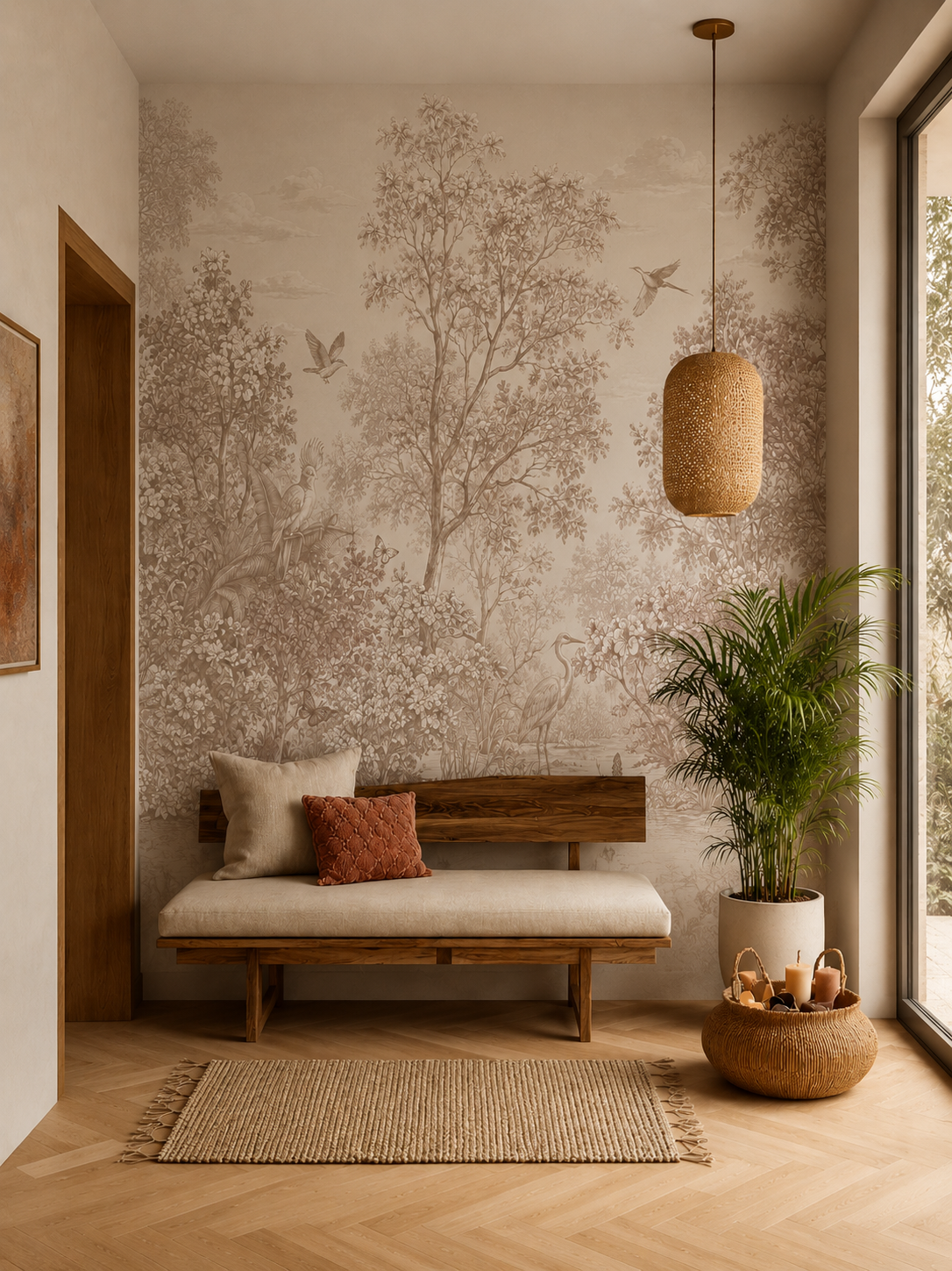 Vintage sepia botanical wallpaper with detailed trees, birds and tropical garden scenery around an elegant curved staircase.