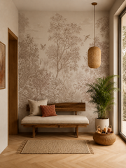 Vintage sepia botanical wallpaper with detailed trees, birds and tropical garden scenery around an elegant curved staircase.