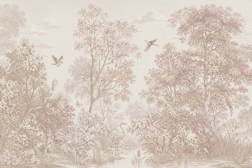 Neutral vintage forest mural with detailed foliage, birds and tropical plants behind a wooden bench in an entryway.