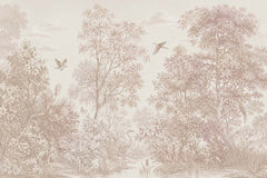 Neutral vintage forest mural with detailed foliage, birds and tropical plants behind a wooden bench in an entryway.
